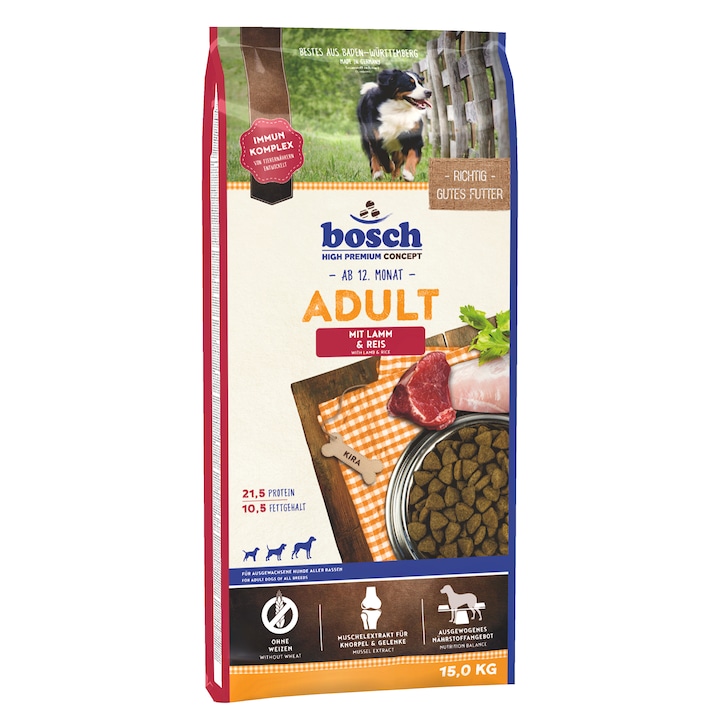 Hrana uscata pentru caini Bosch, Miel si Orez, 15kg