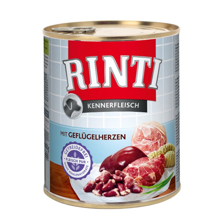 Мокра храна за кучета Rinti с Пилешки сърца, 800 гр