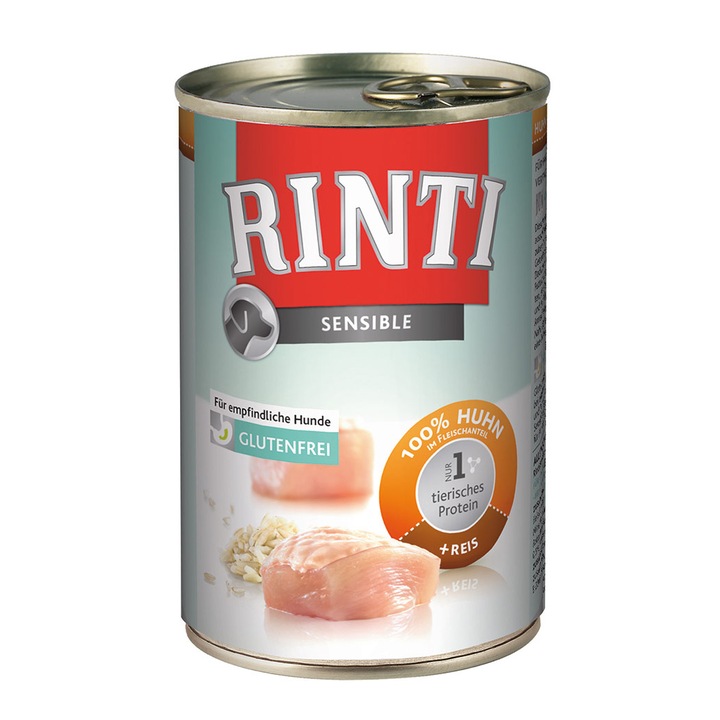 Hrana umeda pentru caini Rinti Sensible cu pui & orez, 400 gr