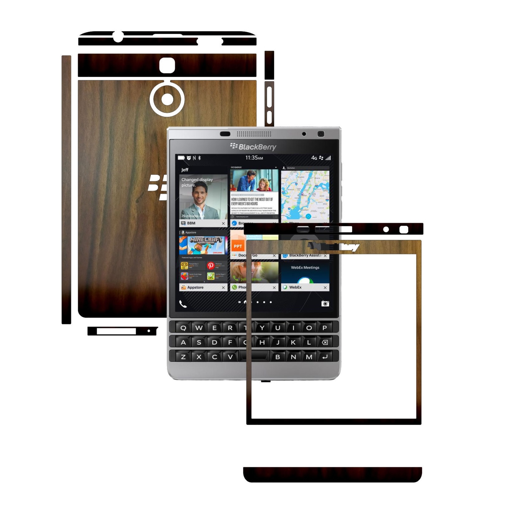 Folie de protectie Full Body Carbon Skinz, Acoperire Totala, Lemn Nuc Inchis pentru BlackBerry Passport Silver Edition