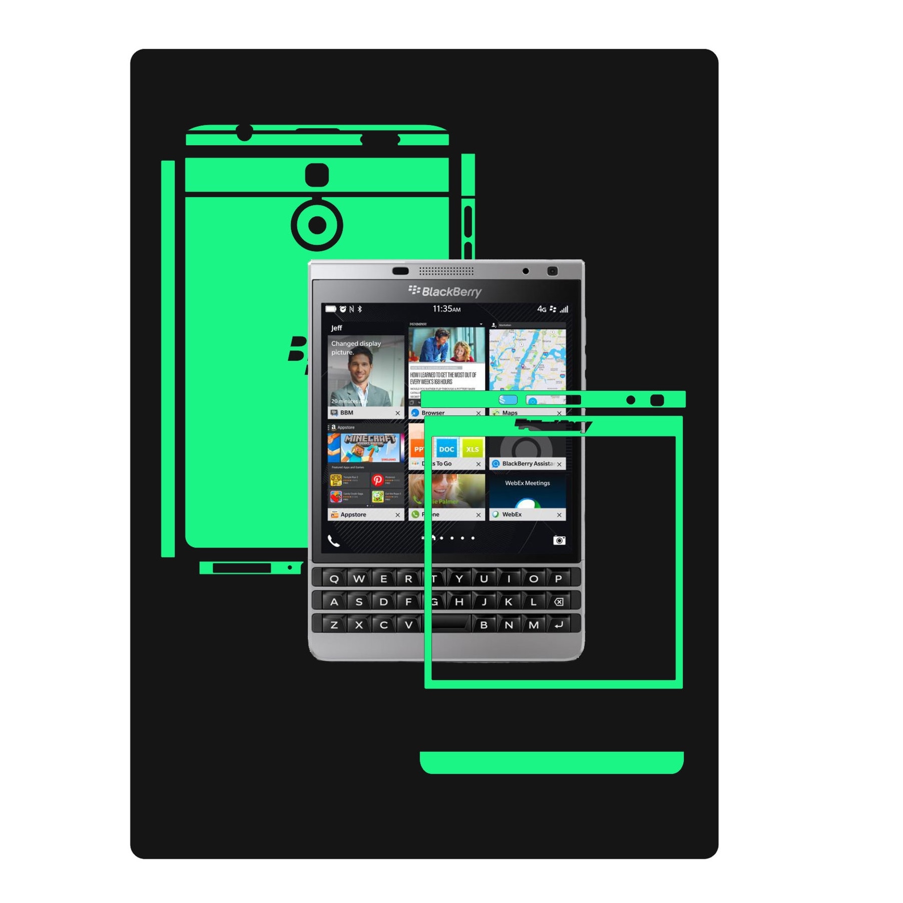 Folie de protectie Full Body Fosforescenta Glow Skinz, Acoperire Totala pentru BlackBerry Passport Silver Edition