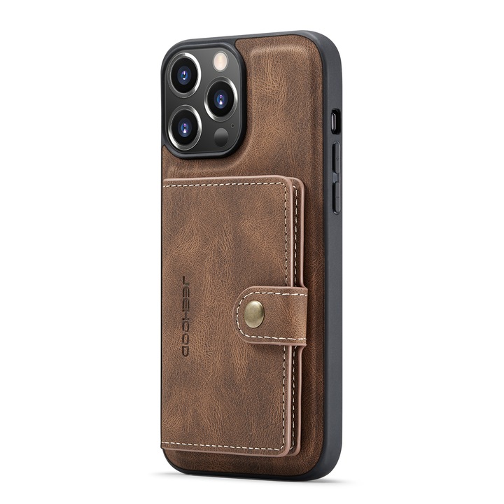 Калъф за iPhone 14 Pro, CaseMe, мека текстурирана кожа, back cover, отделящ се мини портфейл, Кафяв