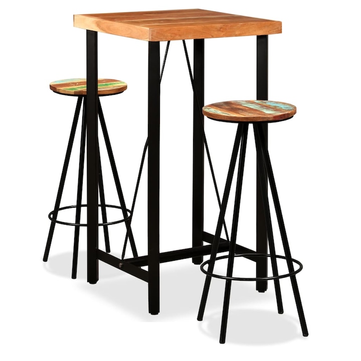 Set de bar, 3 piese (1 masa si 2 scaune bar), lemn masiv de acacia si lemn reciclat, Design Modern Mobilia6162