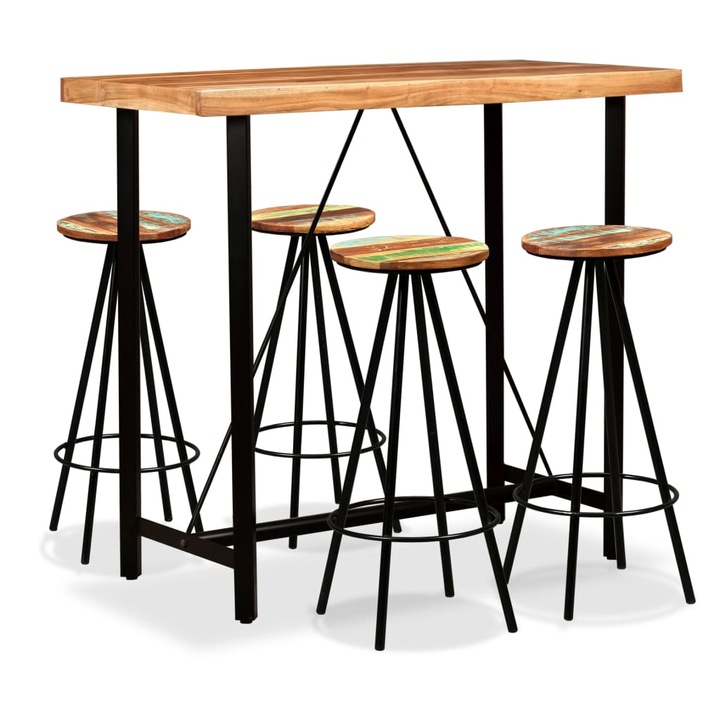 Set mobilier bar, 5 piese, lemn masiv acacia si lemn reciclat, design modern, pentru 4 persoane