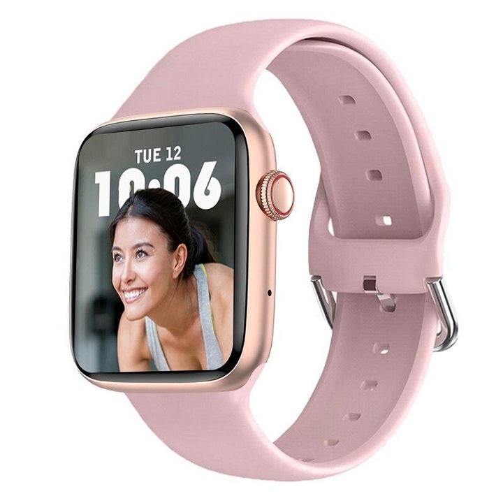 Смарт часовник LuxuryWatch® IdealStore, 1,8-инчов сензорен екран, Приемане на повикване, Вграден високоговорител и микрофон, Известия за съобщения, Whatsapp, Instagram, Facebook, IP 68 водоустойчив, Multi-Sport функция, Розов