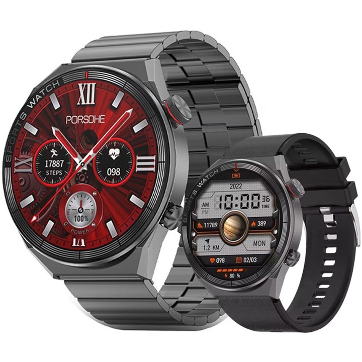 Ceas Smartwatch DT™ WATCH3 MATE, Apelare Bluetooth HD, 1.5” Assistive Touch, AI Asistent Vocal, GPS Track, NFC Acces Control, 24/7 Fitness Tracker, Monitor Ritm Cardiac, Incarcare Wireless, Aerodynamic, Curea Metalica si Silicon, Sierra Black