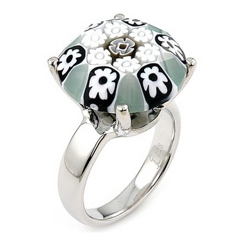 Inel argint rodiat cu sticla murano millefiori, Diametru 18.2 mm Inel argint rodiat cu sticla murano millefiori, Diametru 18.2 mm