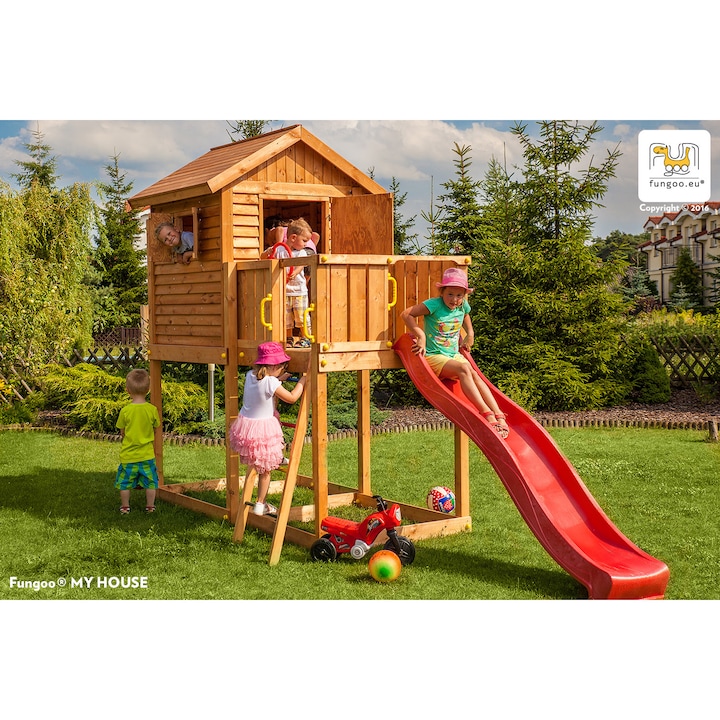 Дървена детска площадка с къщичка и пързалка Fungoo MY HOUSE