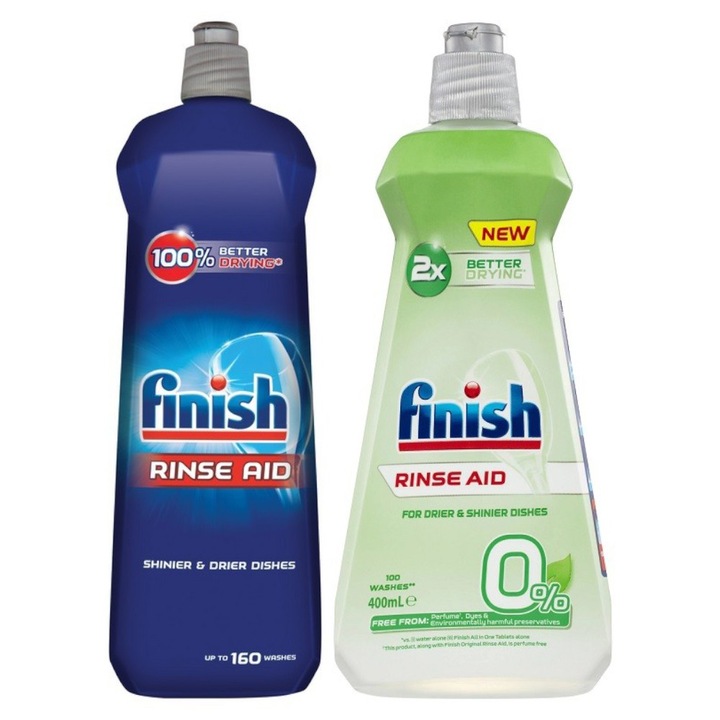 Pachet pentru Masina de Spalat Vase Finish Solutie Clatire, 800 ml si Solutie Clatire Formula 0%, 400 ml