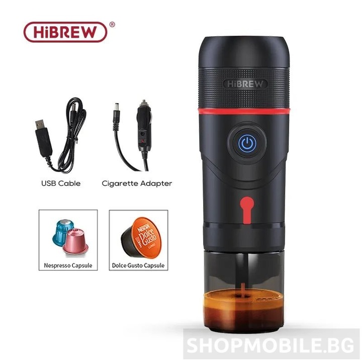 HiBREW H4-класическа преносима кафемашина 3в1, 15 бара, 80W, 60 мл, чаша от тритан, съвместима с капсули Nespresso и Dolce Gusto, черно/червено