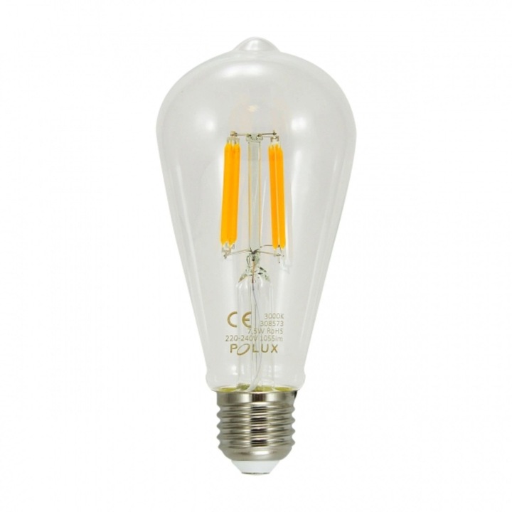 Bec LED Polux, E27, alb cald, 3000K, 7.5 W, 1055 lm, tip Edison, transparent