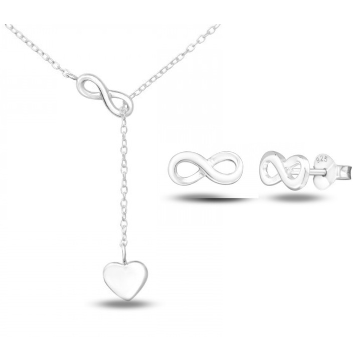 Set argint 925 colier model in forma de Y cu 2 charm-uri si cercei Infinity Boutique 23, lungime ajustabila maxim 65 cm, cutie bijuterie