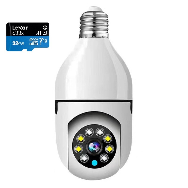 Camera de supraveghere wireless, 3MP, Full HD, tip bulb E27, rotatie 360 grade, vedere nocturna, senzor miscare