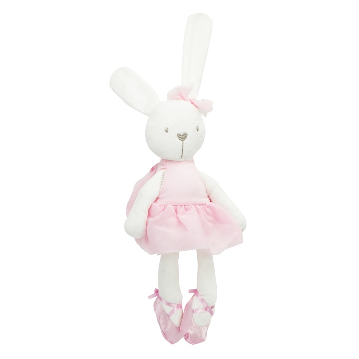 Jucarie de plus model iepuras alb roz cu rochita 42 cm iMK®, prietenul oricarui copil, bumbac