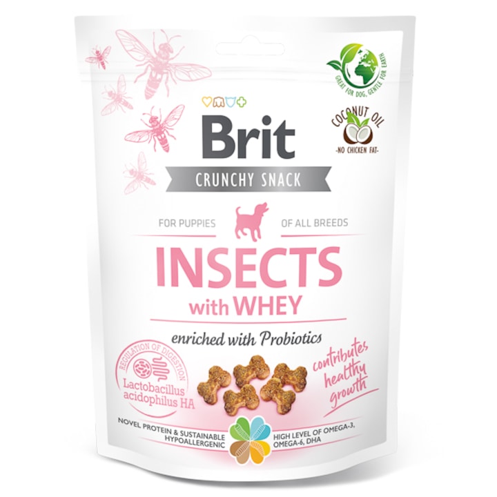 Recompense caini Brit Care Dog Crunchy Cracker Puppy Insects cu zer, 200 g