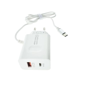 Set incarcator retea cu cablu USB Tip C, QC 3.0, PD, 20W, cu port USB si USB de tip C, P07-W, alb