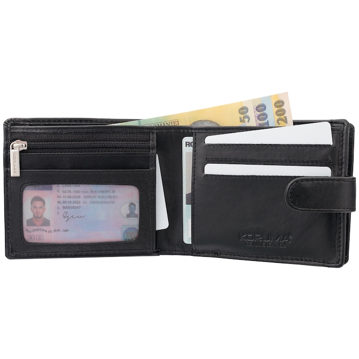 Мъжки портфейл Koruma, SM-907PBL, Защита RFID BLOCK, Джоб за лична карта, Естествена кожа, Черен