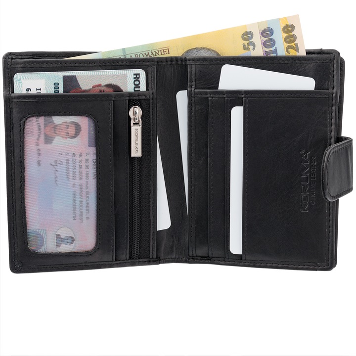 Portofel barbati, piele naturala, securitate RFID BLOCK, buzunar carte de identitate, Koruma, SM-906PBL, Negru