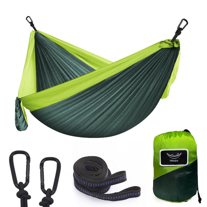 Hamac hikerjoy din material tip parasuta, ultra usor, ultra portabil, excelent pentru camping, outdoor, backpacking, 270x140 cm, doua curele de prindere si carabine incluse, verde