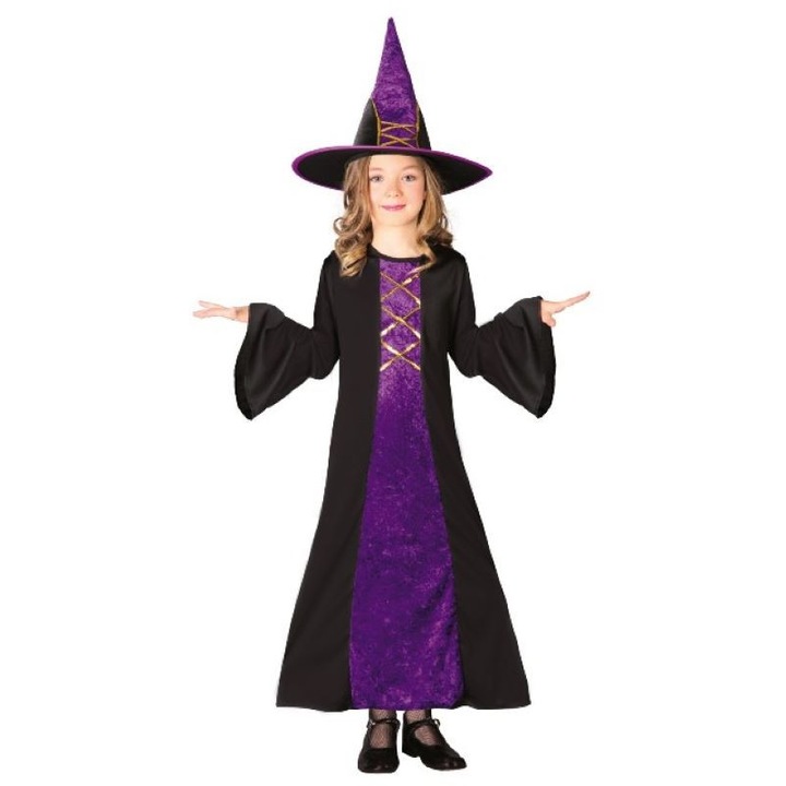 Costum de vrajitoare, negru cu mov, pentru copii 7-9 ani