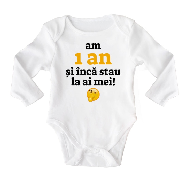 Body cu maneca lunga bebe personalizat cu mesaj "Am 1 an si inca stau la ai mei", alb, 100% bumbac, 12-18 luni