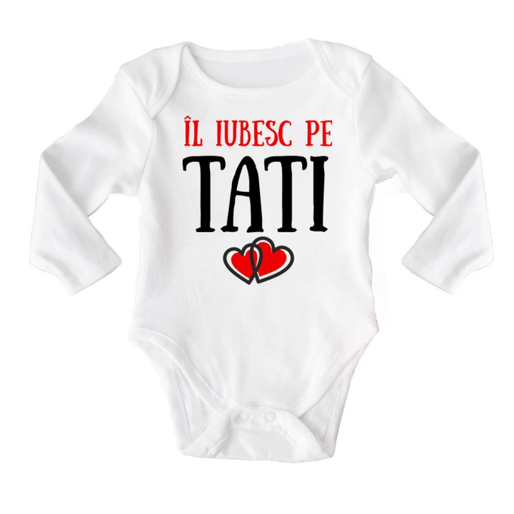Body cu maneca lunga bebe personalizat cu mesaj "Il iubesc pe tati", alb, 100% bumbac, 12-18 luni