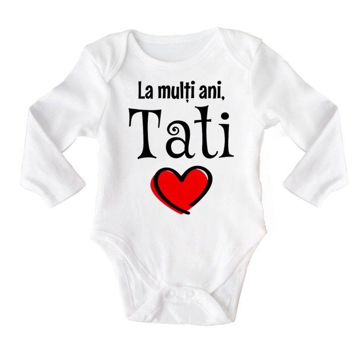 Body cu maneca lunga bebe personalizat cu mesaj "La multi ani, tati!", alb, 100% bumbac, 3-6 luni