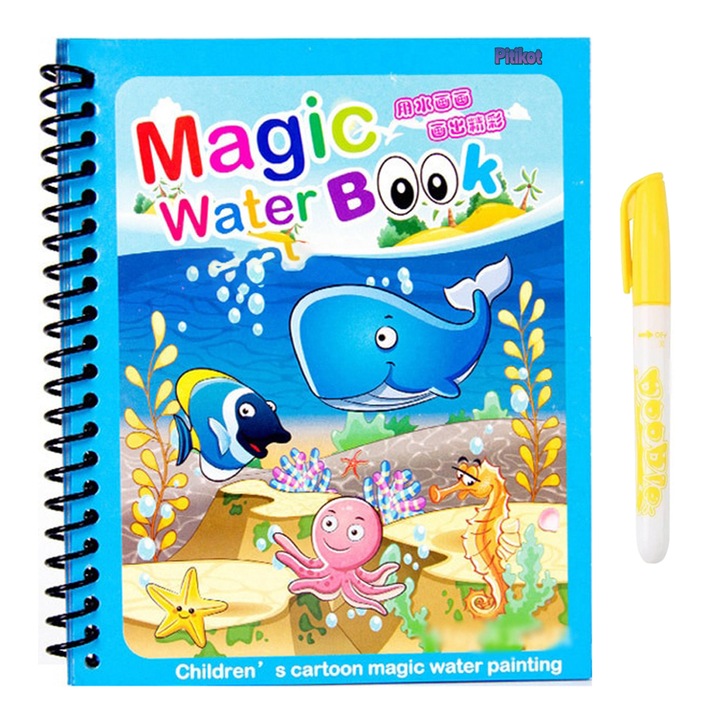 Carte de colorat cu apa Magic Book, Reutilizabila, plina de culori vibrante si animale subacvatice - 8 pagini, pentru fete si baieti de la 3 ani Pitikot®