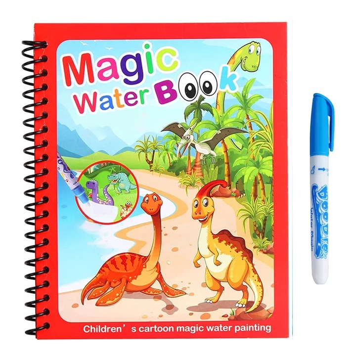 Carte de colorat cu apa Magic Book, Reutilizabila, plina de culori vibrante si dinozauri - 8 pagini, pentru fete si baieti de la 3 ani Pitikot®