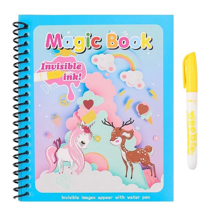 Carte de colorat cu apa Magic Book, Reutilizabila, plina de culori vibrante, Unicorni, Baloane si Curcubeu - 8 pagini, pentru fete si baieti de la 3 ani Pitikot®