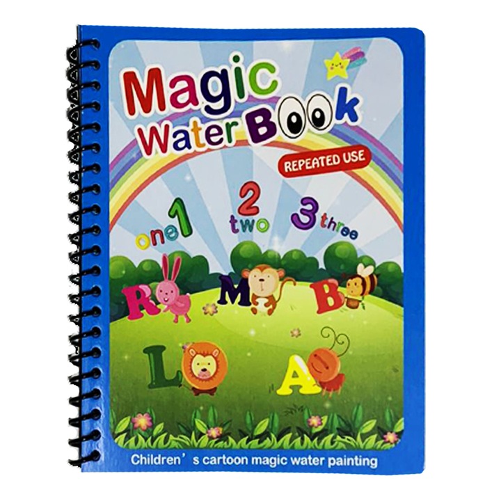 Carte de colorat cu apa Magic Book, Reutilizabila, plina de culori vibrante, Litere si Cifre - 8 pagini, pentru fete si baieti de la 3 ani Pitikot®