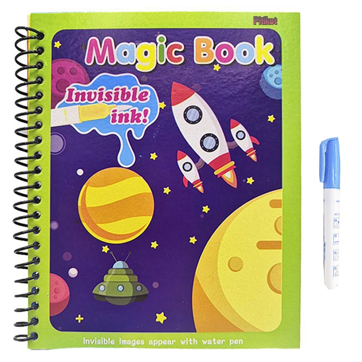 Carte de colorat cu apa Magic Book, Reutilizabila, plina de culori vibrante, Racheta si elemente spatiale precum meteoriti, astronauti, roboti, extraterestri si planete - 8 pagini, pentru fete si baieti de la 3 ani