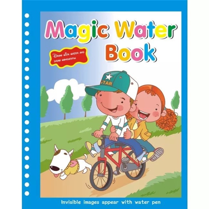 Carte de colorat cu apa Magic Book, Reutilizabila, plina de culori vibrante, Bicicleta, Balon cu aer cald, Om de zapada, Telescaun, Melc, Pescarus, Crab, Placa de surf - 8 pagini, pentru fete si baieti de la 3 ani