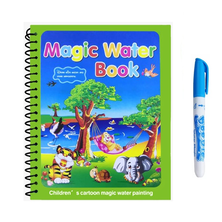 Carte de colorat cu apa Magic Book, Reutilizabila, plina de culori vibrante, Animale precum vaca, gaina, cal, porc, urs, mec, soarece, vulpe crocodil si cerb - 8 pagini, pentru fete si baieti de la 3 ani