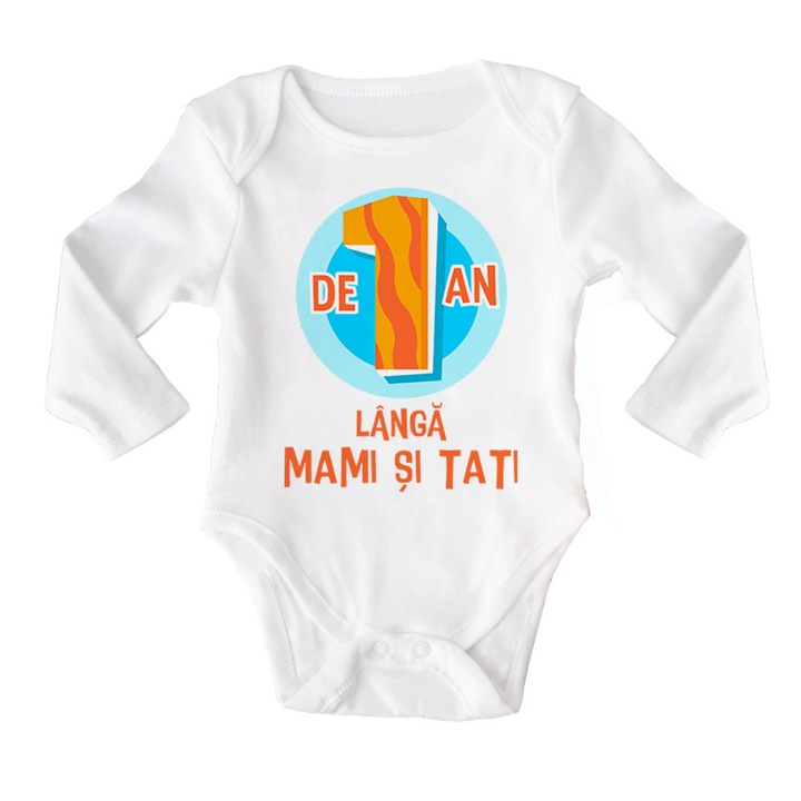 Body cu maneca lunga bebe personalizat cu mesaj "De 1 an langa mami si tati", alb, 100% bumbac, 12-18 luni