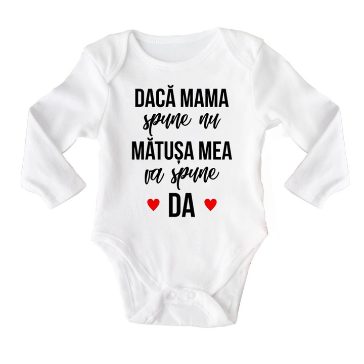 Body cu maneca lunga bebe personalizat cu mesaj "Matusa spune da", alb, 100% bumbac, 6-12 luni