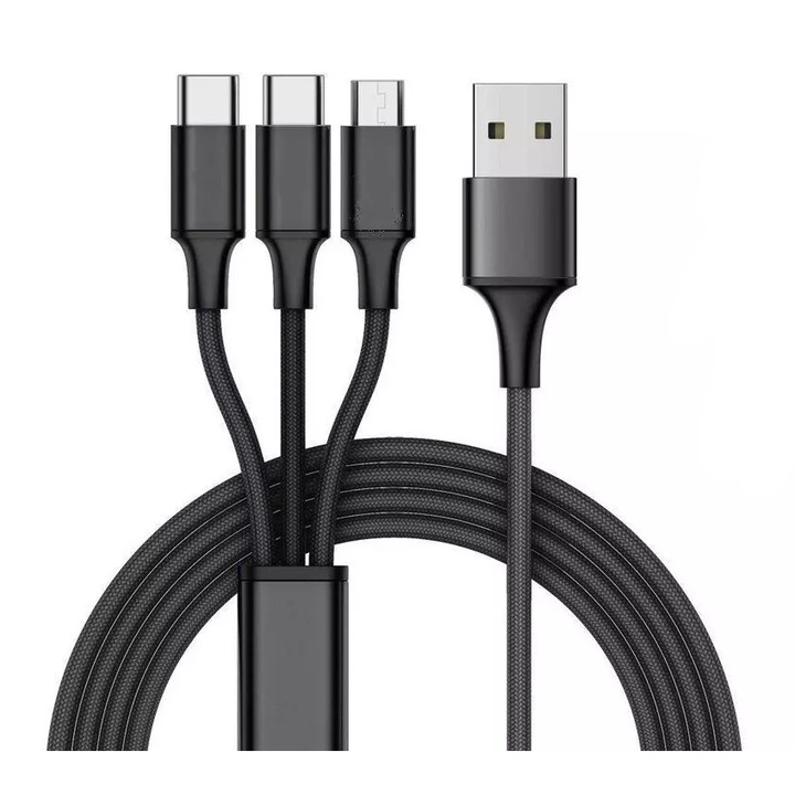 3 в 1 кабел за зареждане DacEnergy©, Lightning/USB-C/Micro USB, 1.2 m, черен