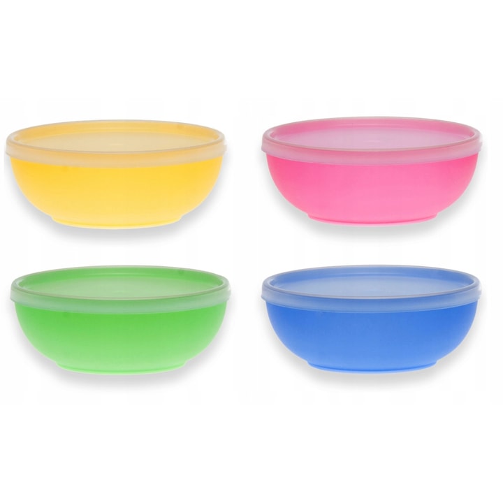 Set 4 boluri din plastic, cu capac, 300 ml, Multicolor