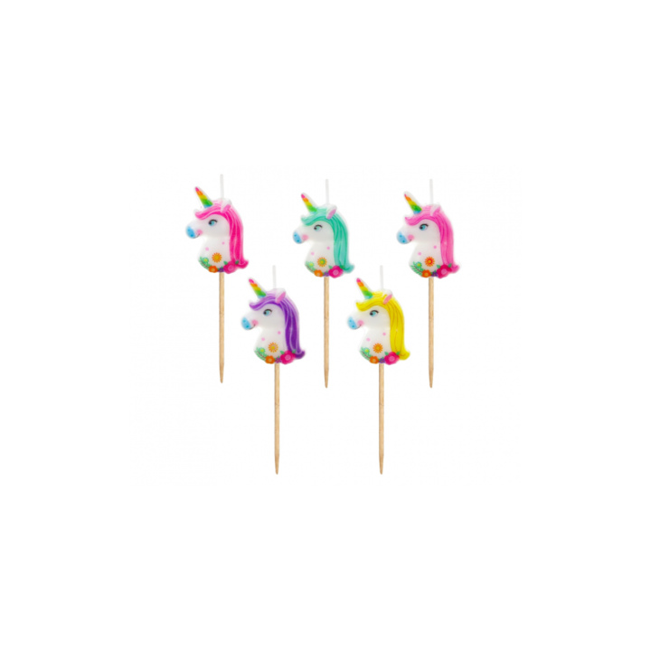 Комплект от 5 броя свещи за торта, модел еднорог