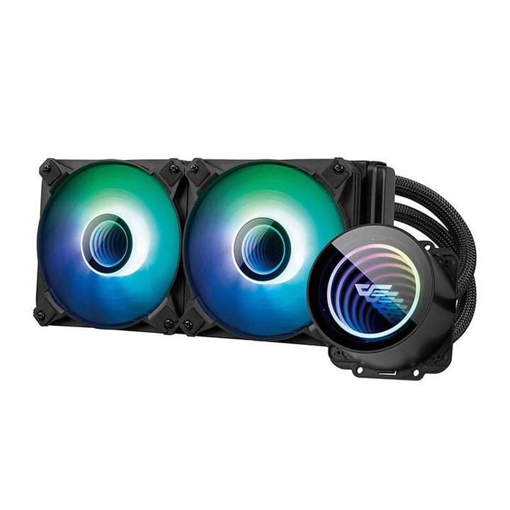 Процесорен охладител Darkflash DX240 V2, RGB осветление, Водно охлаждане, 1800RPM, 2 вентилатора 120 mm, Съвместим с Intel и AMD, Черен