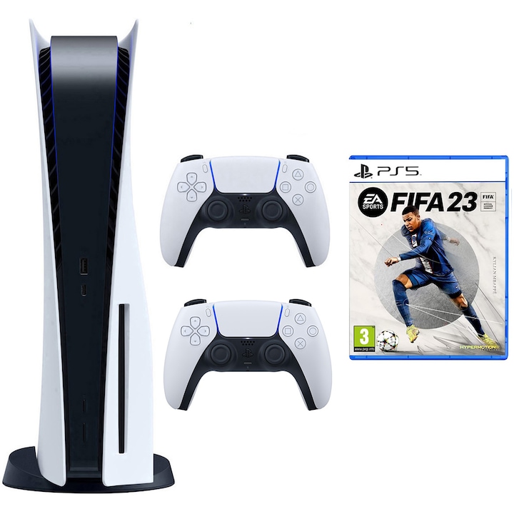 Consola PlayStation 5 + Extra Controller Wireless PlayStation DualSense, White + Joc PS5 FIFA 23 (Cod) + FIFA 23 FUT Voucher