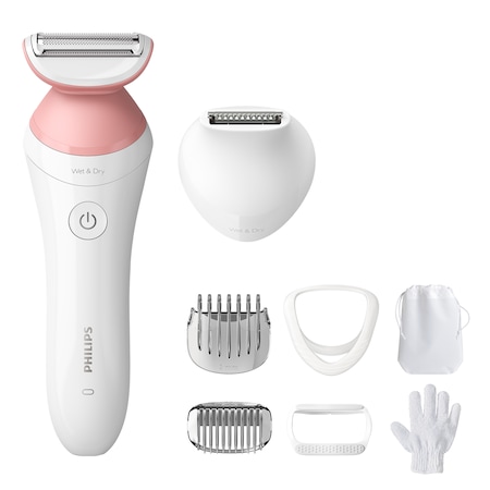 Aparat de ras fara fir, umed si uscat Philips Lady Shaver Seria 6000 BRL146/00, Wet&Dry, 10 ore incarcare, 40 min utilizare, Husa, manusa exfoliere, Alb/Roz