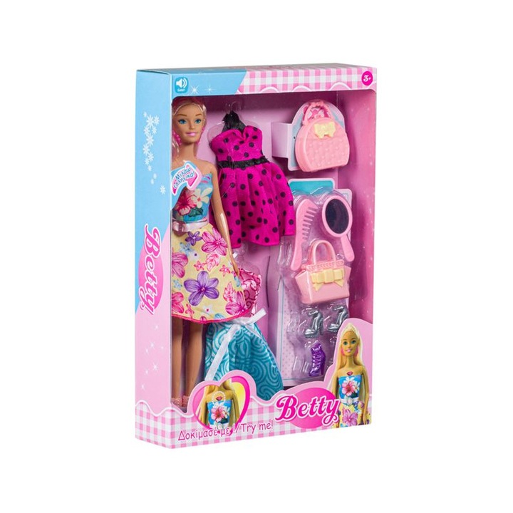 Кукла Betty, 3 рокли, Звук, Аксесоари, Пластмаса, 3+ години, Розов