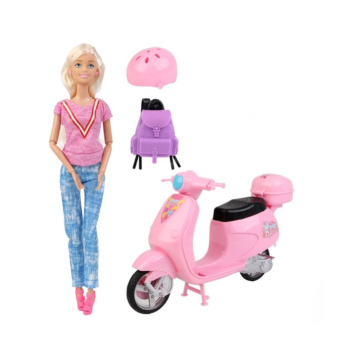 Кукла Betty, Скутер, Каска, Раница, Кош, Звук, Движение, Пластмаса, 3+ години, Розов