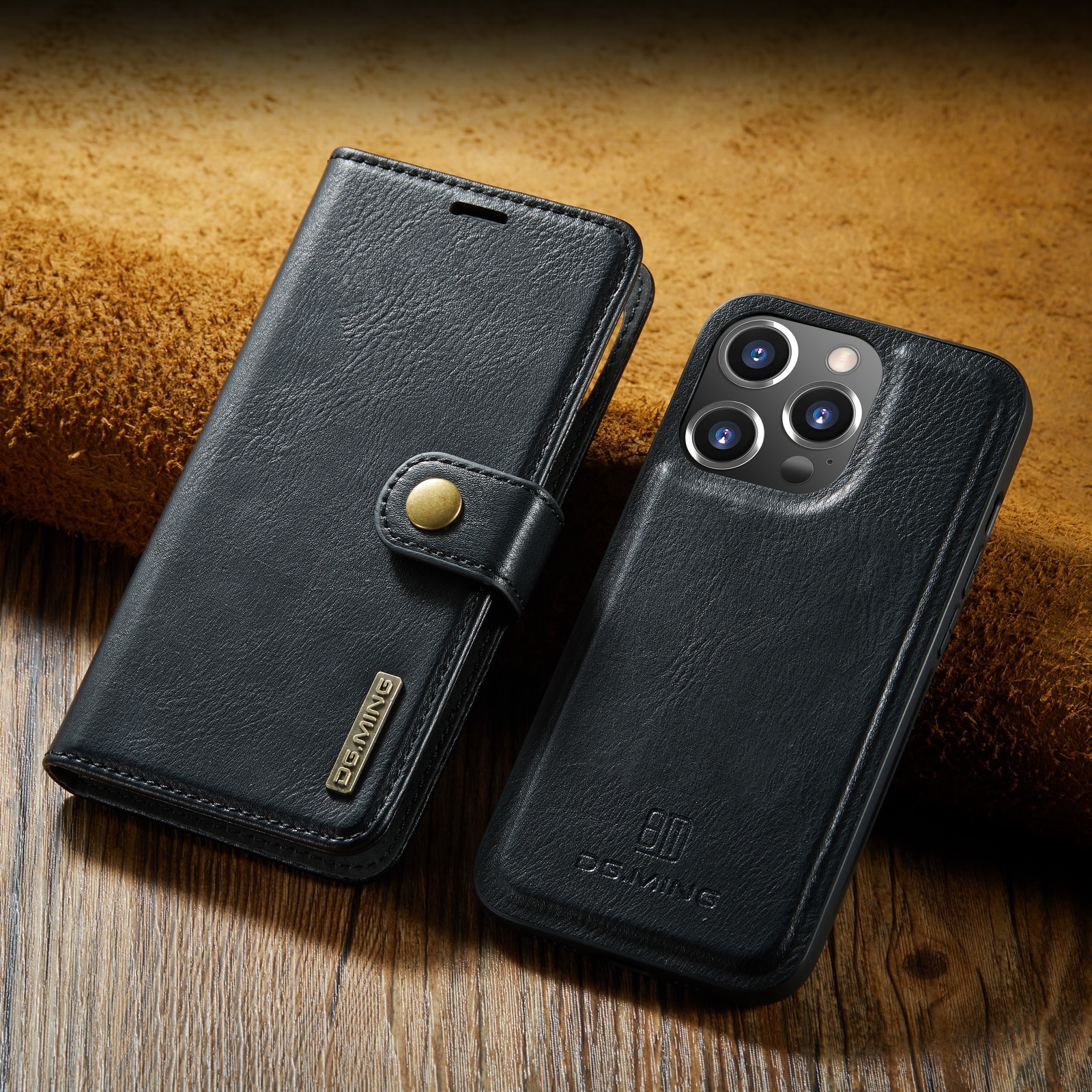 Husa pentru iPhone 14 Pro, CaseMe, piele, 2 in 1, protectie superioara, inchidere cu capsa magnetica, tip portofel, back cover, stand, Negru