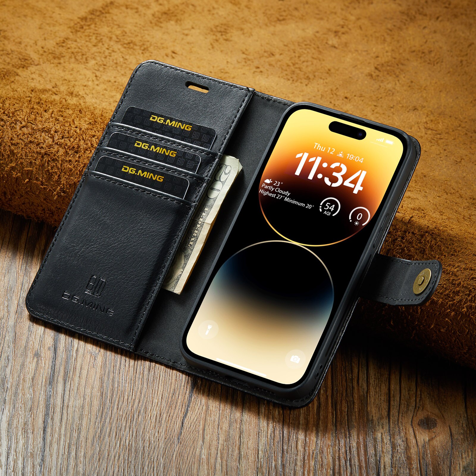 Husa pentru iPhone 14 Pro, CaseMe, piele, 2 in 1, protectie superioara, inchidere cu capsa magnetica, tip portofel, back cover, stand, Negru