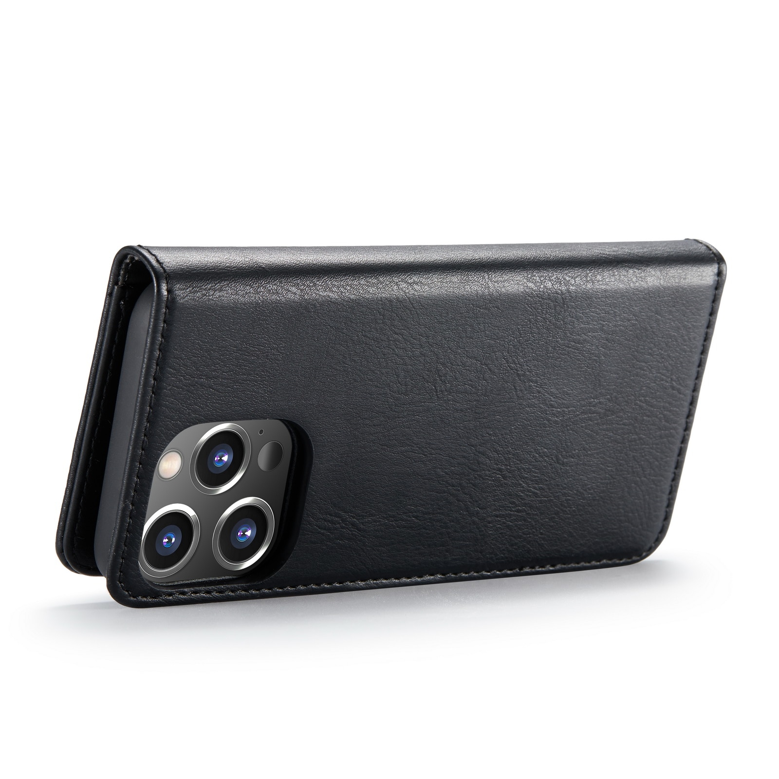 Husa pentru iPhone 14 Pro, CaseMe, piele, 2 in 1, protectie superioara, inchidere cu capsa magnetica, tip portofel, back cover, stand, Negru