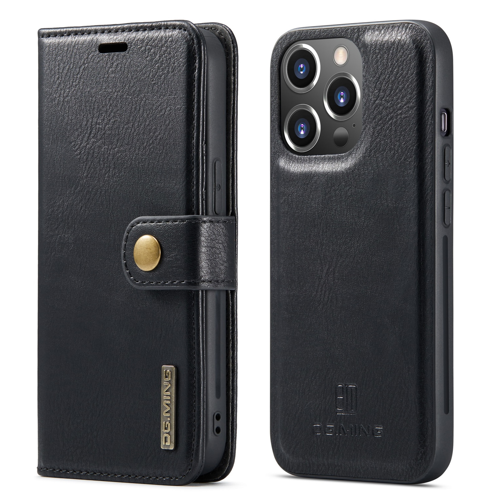 Husa pentru iPhone 14 Pro, CaseMe, piele, 2 in 1, protectie superioara, inchidere cu capsa magnetica, tip portofel, back cover, stand, Negru