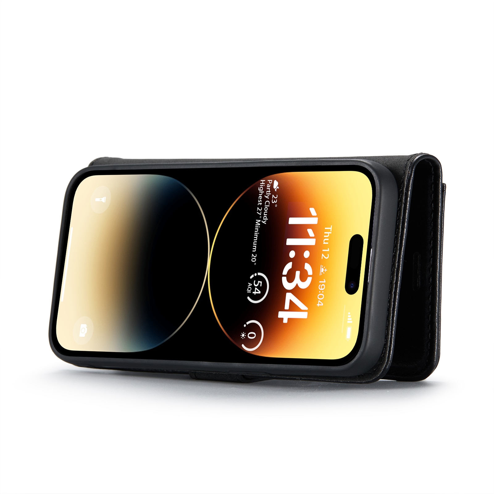 Husa pentru iPhone 14 Pro, CaseMe, piele, 2 in 1, protectie superioara, inchidere cu capsa magnetica, tip portofel, back cover, stand, Negru