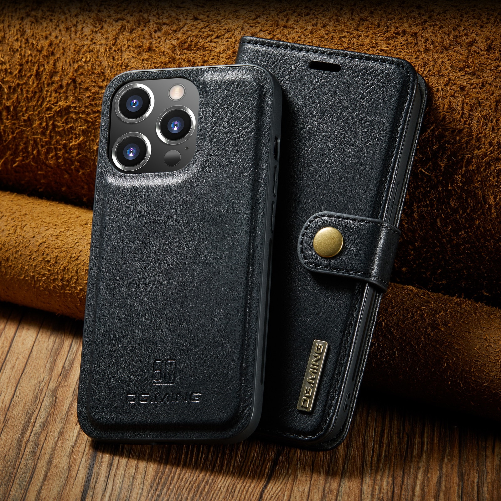 Husa pentru iPhone 14 Pro, CaseMe, piele, 2 in 1, protectie superioara, inchidere cu capsa magnetica, tip portofel, back cover, stand, Negru